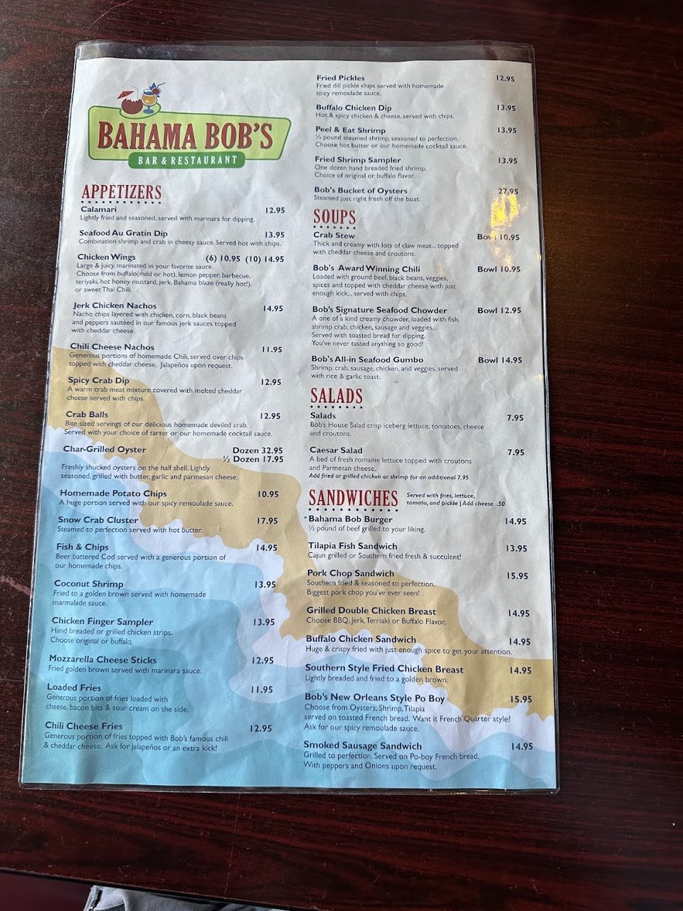 Menu page showing sauce choices for seafood dishes.